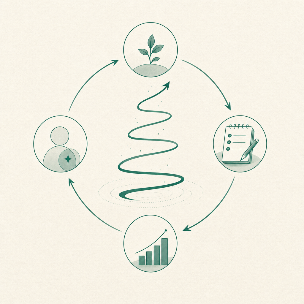 The self-learning loop: research a topic, write in your voice, learn from your edits, climb in results — then repeat, sharper