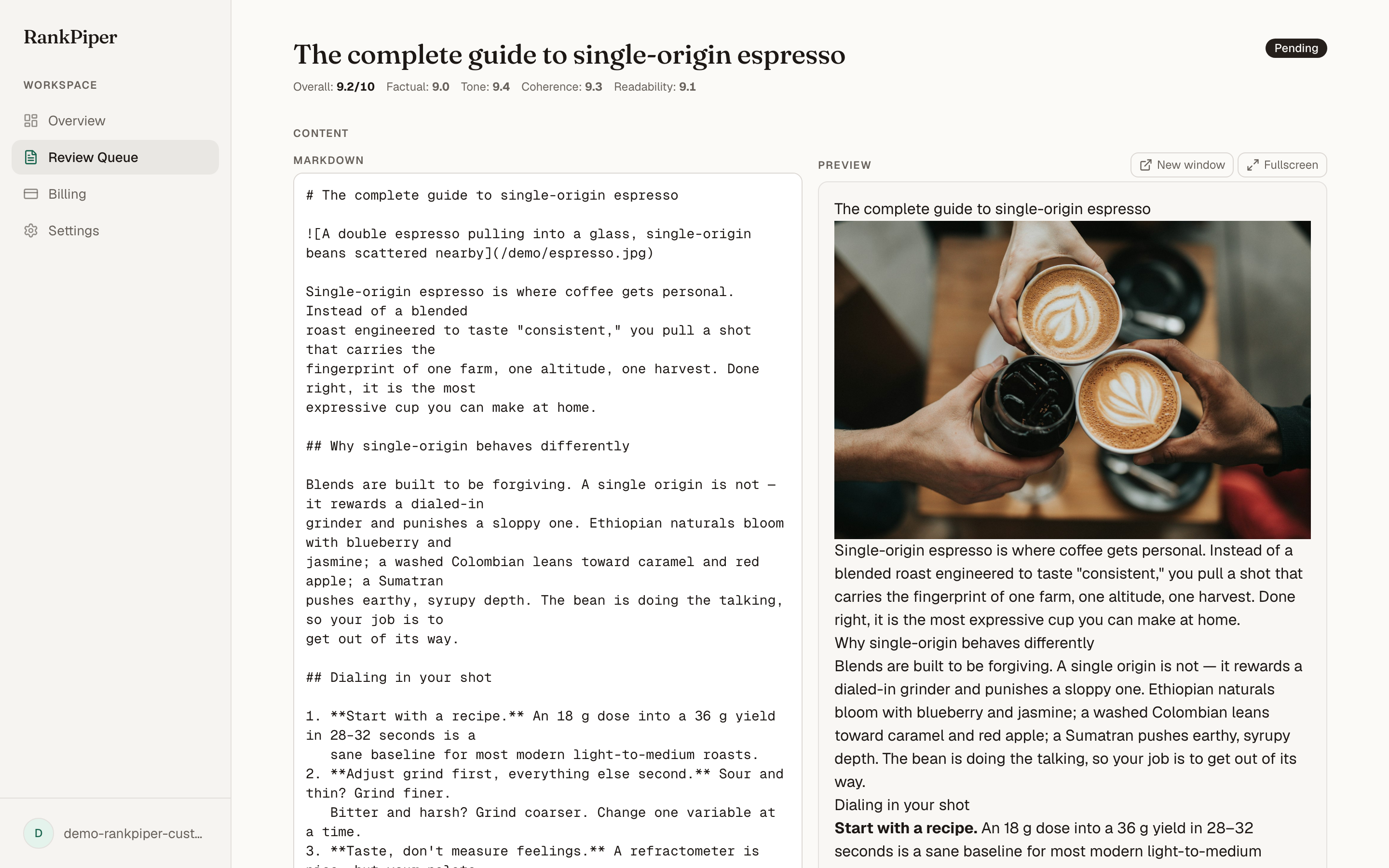 RankPiper article editor showing the QA header and a split Markdown and HTML preview